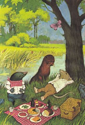 Illustration of Mole, Ratty and Otter from The Wind in the Willows picnicking under a tree by the river.